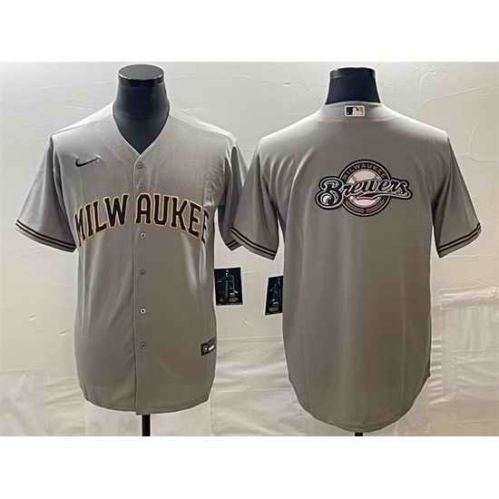 Men Milwaukee Brewers Gray Team Big Logo Cool Base Stitched Jersey